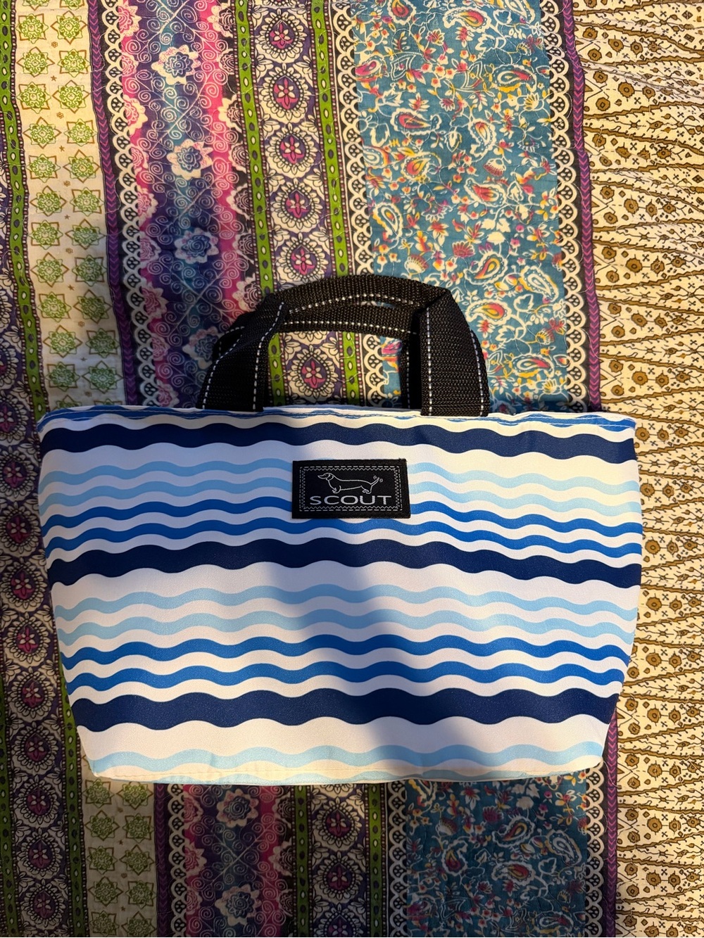 Scout Blue and Navy Wave lunch Tote with Black Handles